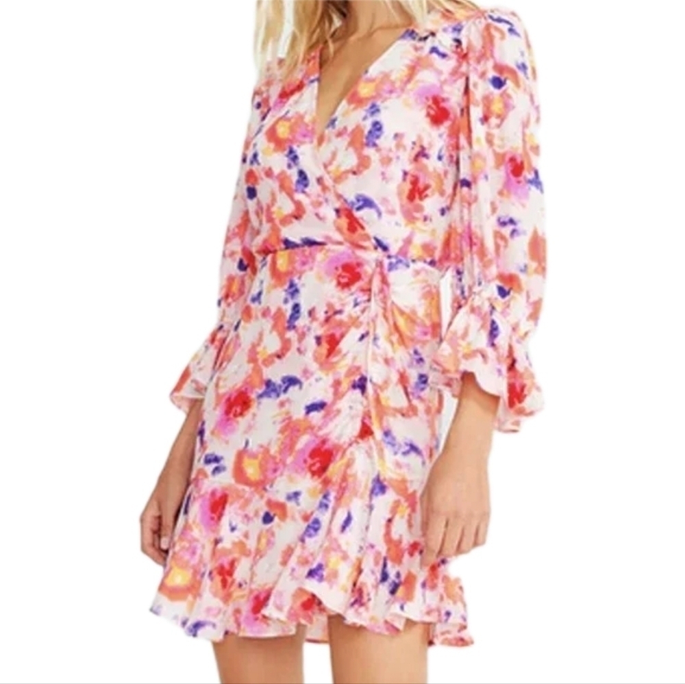 Betsy Johnson boho flutter dress floral multicolor v-neck ruched waist 8